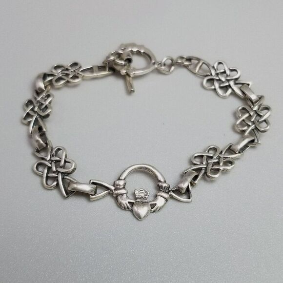 Vintage Sterling Silver Celtic Infinity Love Knots Link Bracelet Claddagh Toggle - Picture 1 of 9